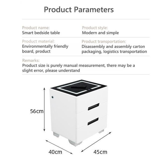 Smart Bedside Tables Side 3 Drawers Wireless Charging Nightstand LED Light USB Right Hand Connection