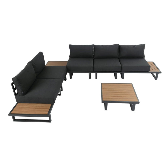 Modern Outdoor 7 Piece Lounge Set with Slatted Polywood Design Tables