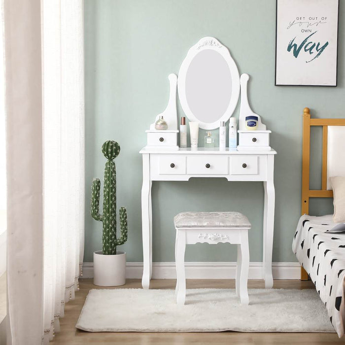 Carved Dressing Vanity Table Set with Mirror &#038; Stool- White