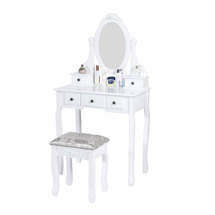 Carved Dressing Vanity Table Set with Mirror &#038; Stool- White