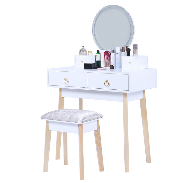 Dressing Vanity Table Stool Set with Make-up LED Lighted Mirror - White