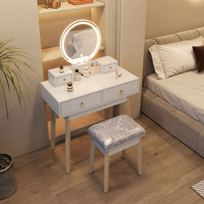 Dressing Vanity Table Stool Set with Make-up LED Lighted Mirror - White