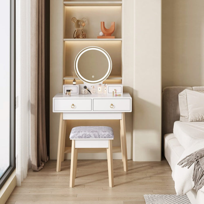 Dressing Vanity Table Stool Set with Make-up LED Lighted Mirror - White