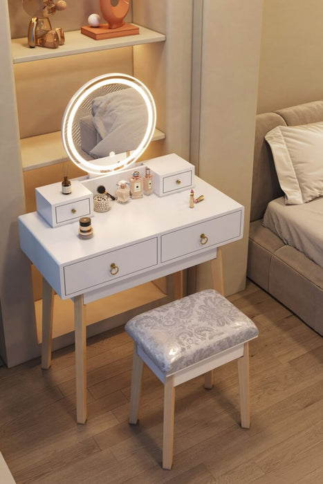 Dressing Vanity Table Stool Set with Make-up LED Lighted Mirror - White