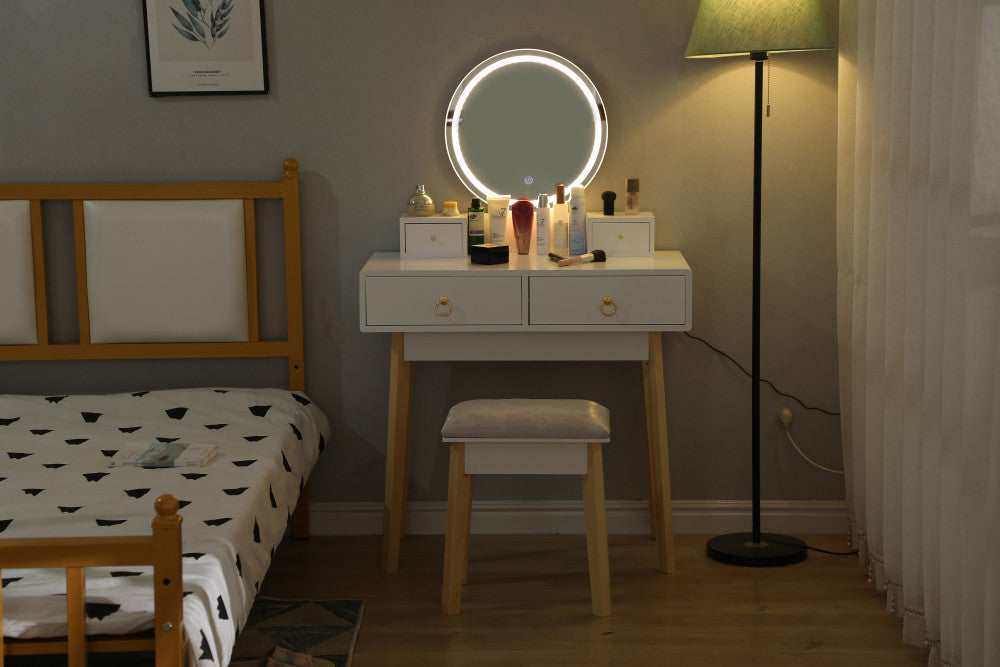 Dressing Vanity Table Stool Set with Make-up LED Lighted Mirror - White