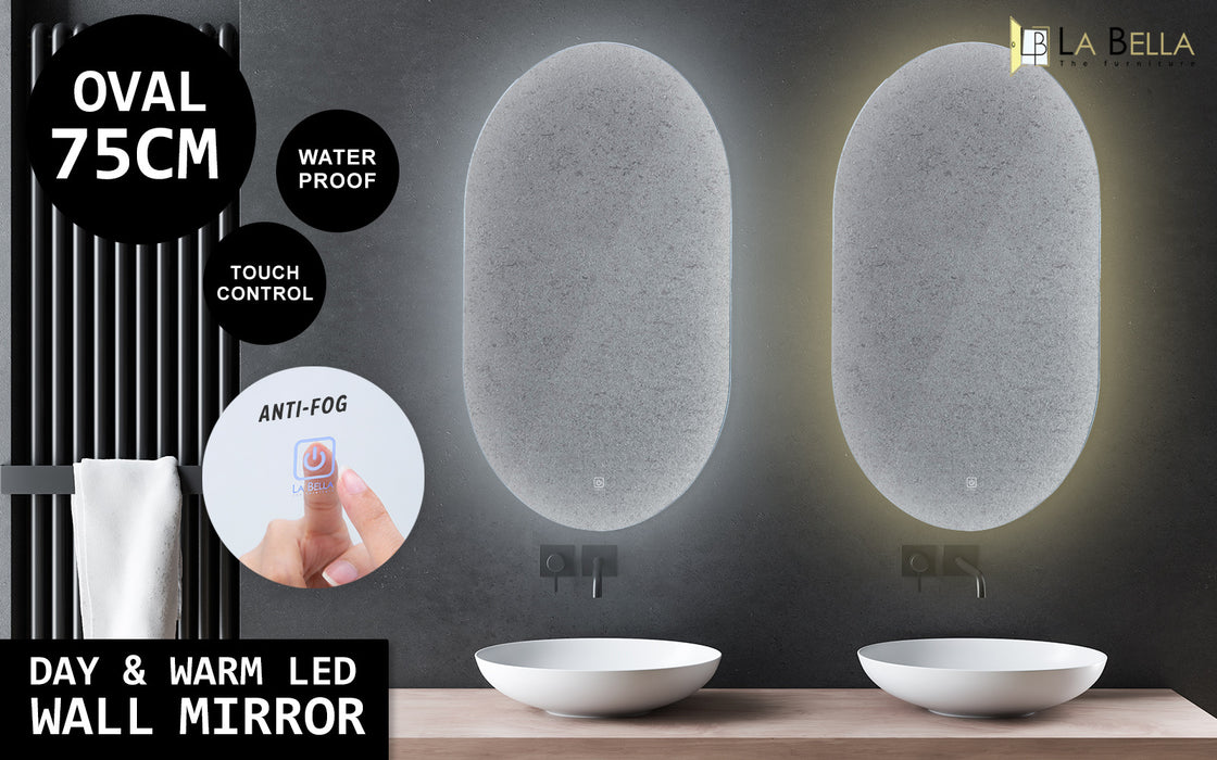 2 Set La Bella LED Wall Mirror Oval Touch Anti-Fog Makeup Decor Bathroom Vanity 50x75cm