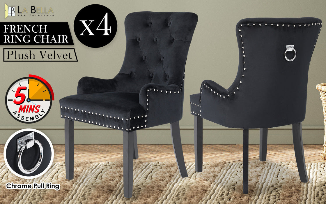 La Bella 4 Set Black French Provincial Dining Chair Ring Studded Lisse Velvet Rubberwood