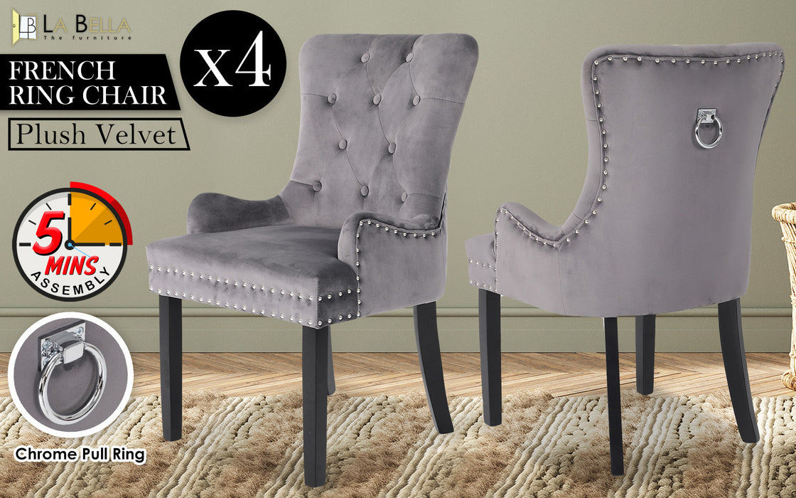 La Bella 4 Set Grey French Provincial Dining Chair Ring Studded Lisse Velvet Rubberwood