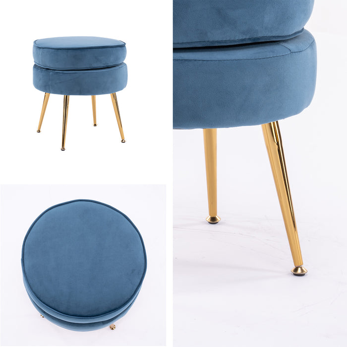 La Bella Navy Blue Round Ottoman Foot Stool Velvet Fabric Metal Leg