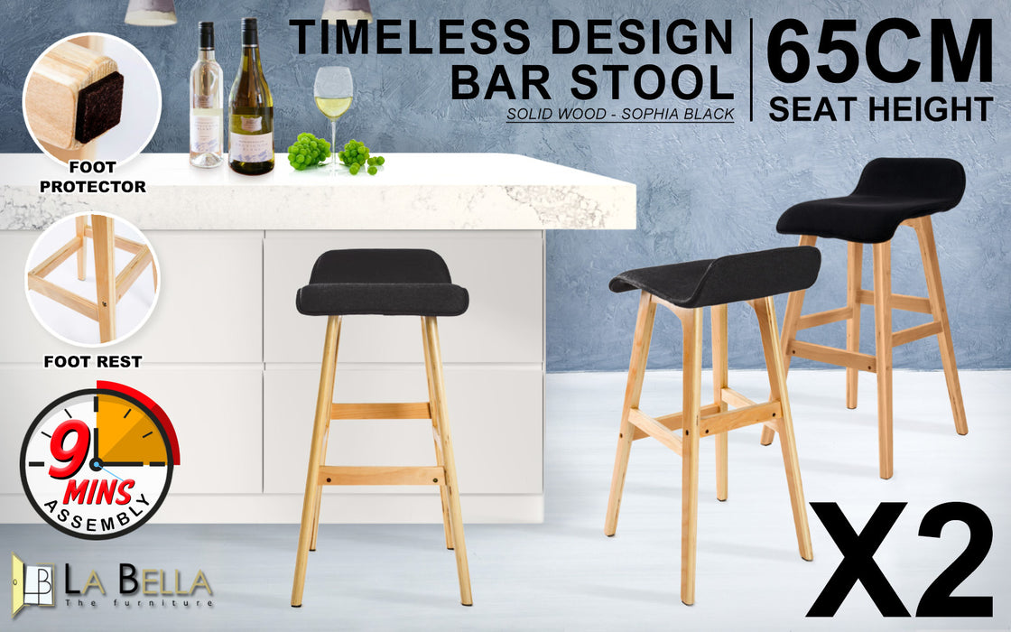 La Bella 2 Set 65cm Black Wooden Bar Stool Sophia Fabric