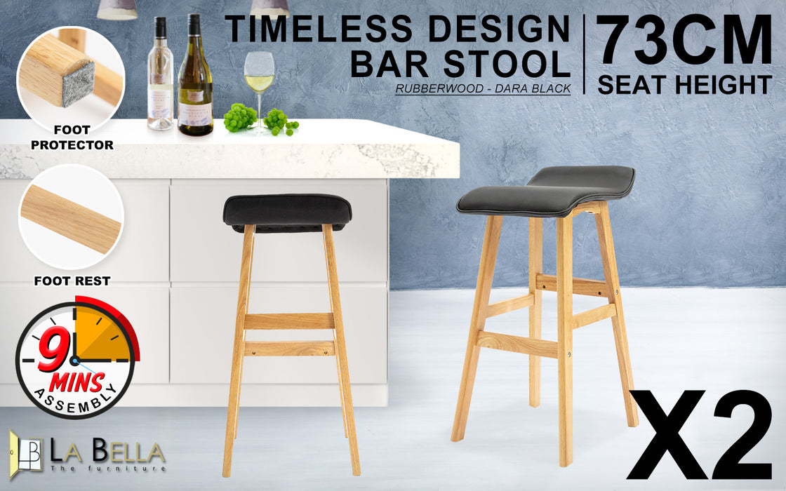 La Bella 2 Set 73cm Black Wooden Bar Stool DARA Leather