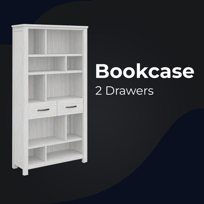 Foxglove Bookshelf Bookcase 5 Tier 2 Drawers Solid Mt Ash Timber Wood - White