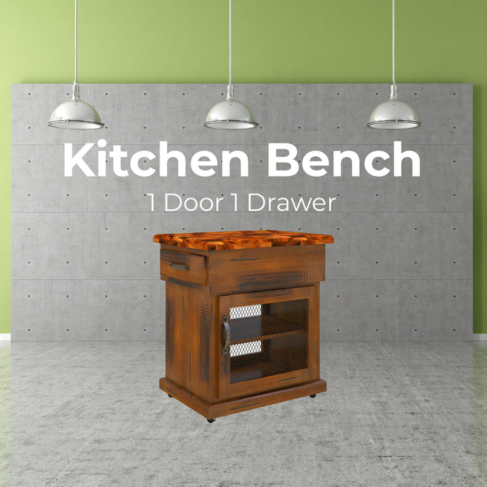 Umber Kitchen Work Bench Storage Trolley Solid Pine Wood Portable Cart Wheels