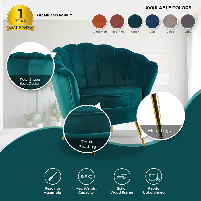 Bloomer Velvet Fabric Accent Sofa Love Chair Round Ottoman Set - Green