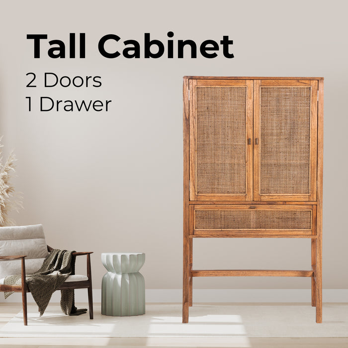 Jasmine Tall Storage Cabinet 90cm 2 Door 1 Drawer Mindi Wood Rattan - Brown