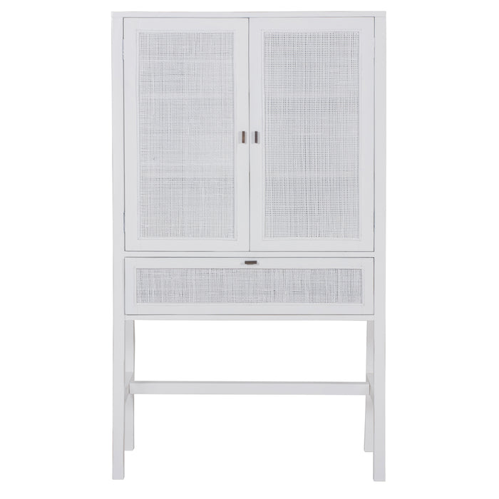 Jasmine Tall Storage Cabinet 90cm 2 Door 1 Drawer Mindi Wood Rattan - White