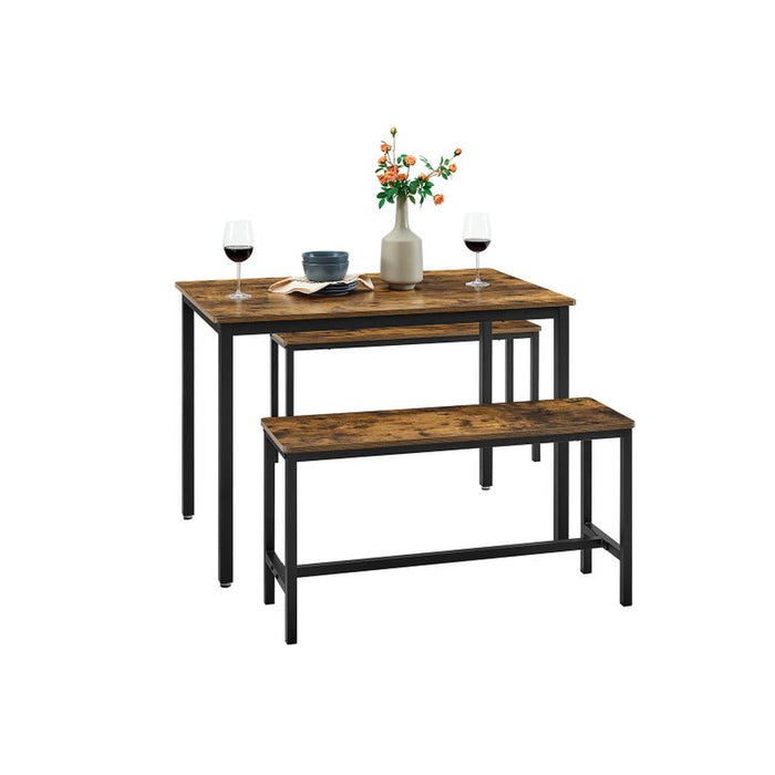 Industrial Rustic Brown Dining Table with 2 Benches