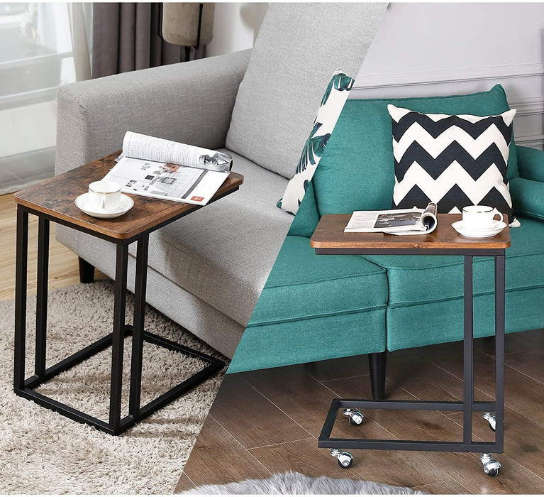 C-Shaped End Table with Steel Frame and Castors