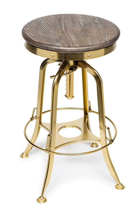 Industrial Height Adjustable Swivel Bar Stool with Oak Wood Top - Gold Finish