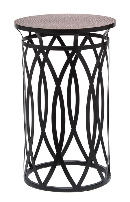 Black Round Iron Side Table with Cross Legs and Copper Finish Top