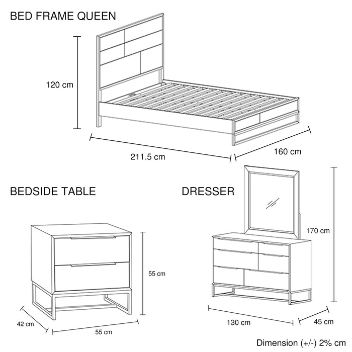 4 Pieces Bedroom Suite made in Solid Wood Acacia Veneered Queen Size Oak Colour Bed, Bedside Table & Dresser