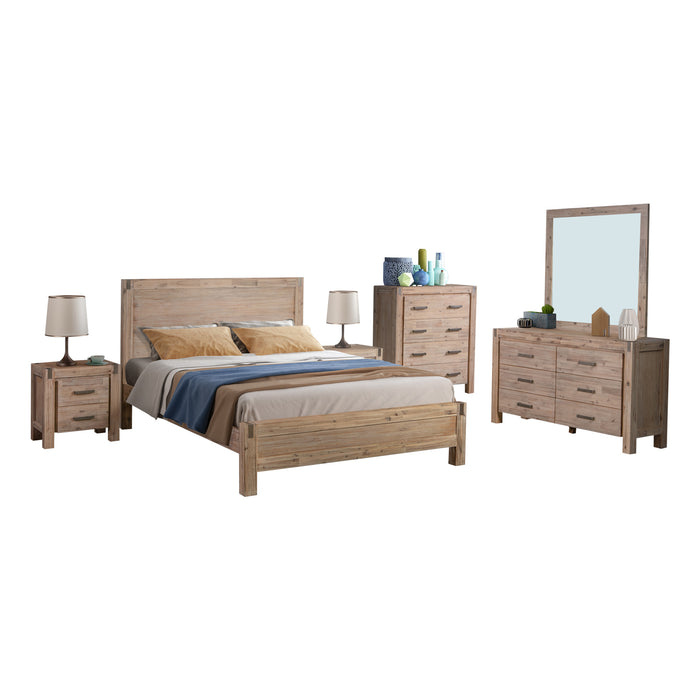 5 Pieces Bedroom Suite in Solid Wood Veneered Acacia Construction Timber Slat Queen Size Oak Colour Bed, Bedside Table , Tallboy & Dresser