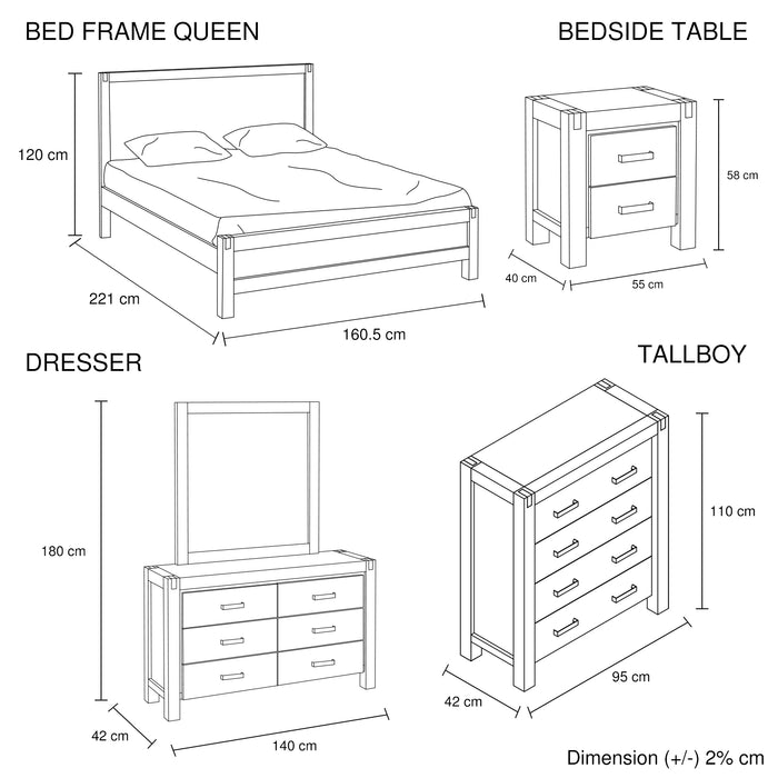 5 Pieces Bedroom Suite in Solid Wood Veneered Acacia Construction Timber Slat Queen Size Oak Colour Bed, Bedside Table , Tallboy & Dresser