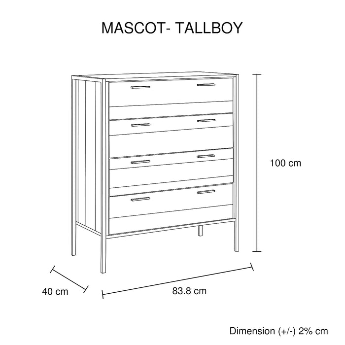 4 Pieces Storage Bedroom Suite with Particle Board Contraction and Metal Legs Queen Size Oak Colour Bed, Bedside Table & Tallboy