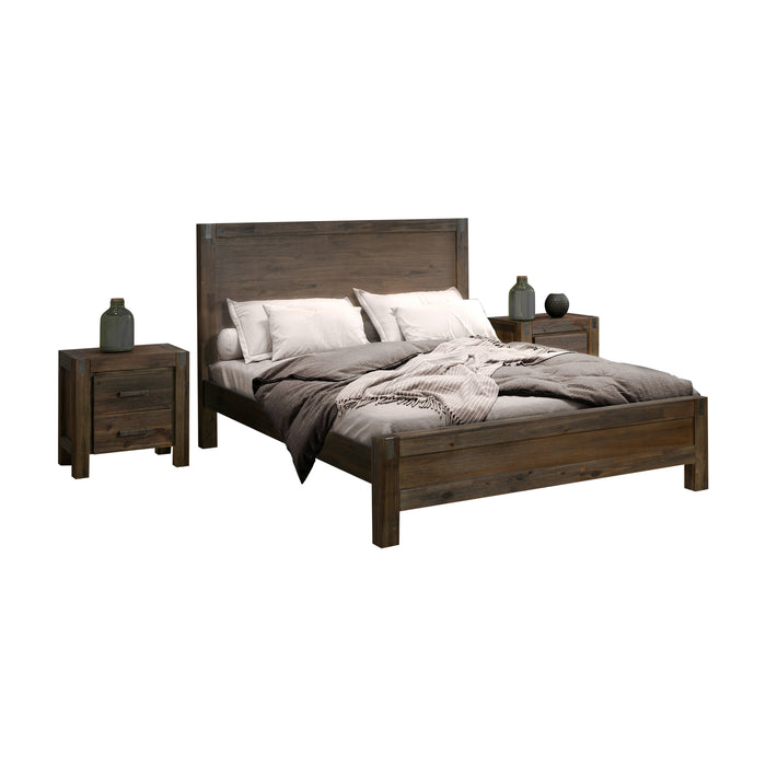 3 Pieces Bedroom Suite in Solid Wood Veneered Acacia Construction Timber Slat King Size Chocolate Colour Bed, Bedside Table