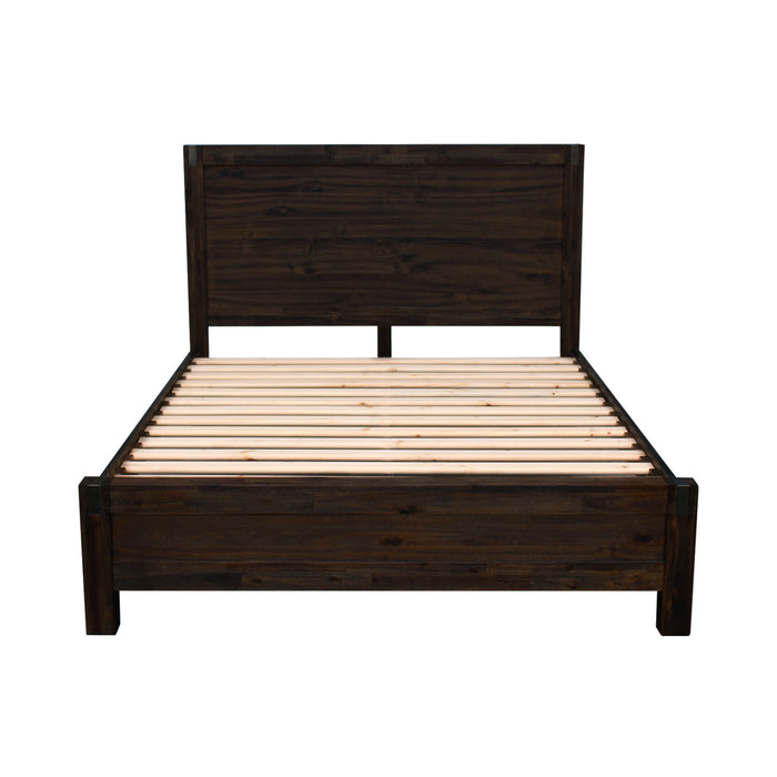 3 Pieces Bedroom Suite in Solid Wood Veneered Acacia Construction Timber Slat Queen Size Chocolate Colour Bed, Bedside Table