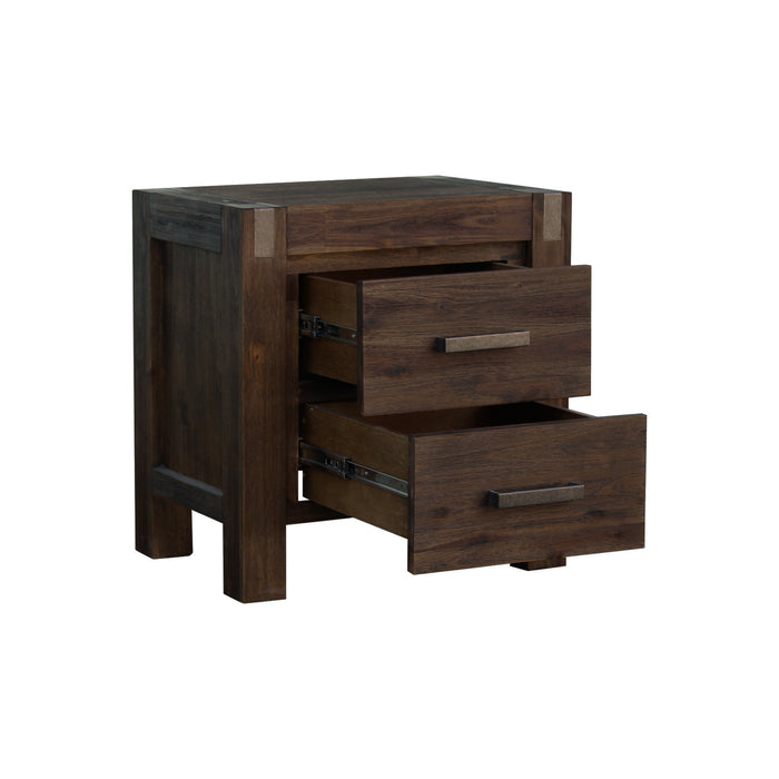 3 Pieces Bedroom Suite in Solid Wood Veneered Acacia Construction Timber Slat Queen Size Chocolate Colour Bed, Bedside Table