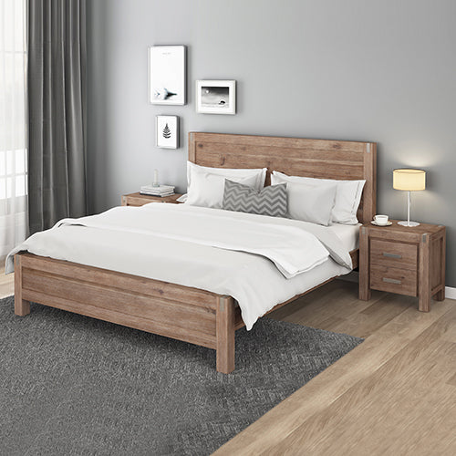 3 Pieces Bedroom Suite in Solid Wood Veneered Acacia Construction Timber Slat King Single Size Oak Colour Bed, Bedside Table