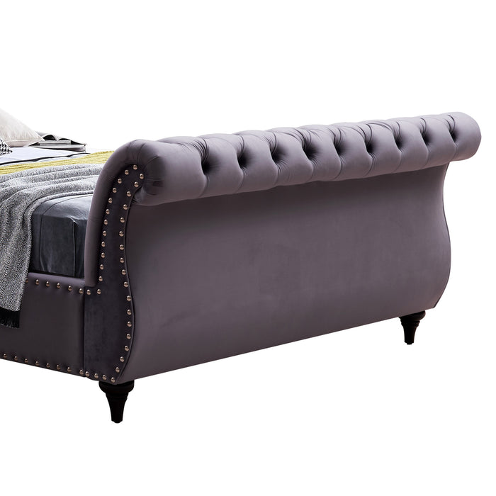 King Size Sleigh Bedframe Velvet Upholstery Grey Colour Tufted Headboard And Footboard Deep Quilting