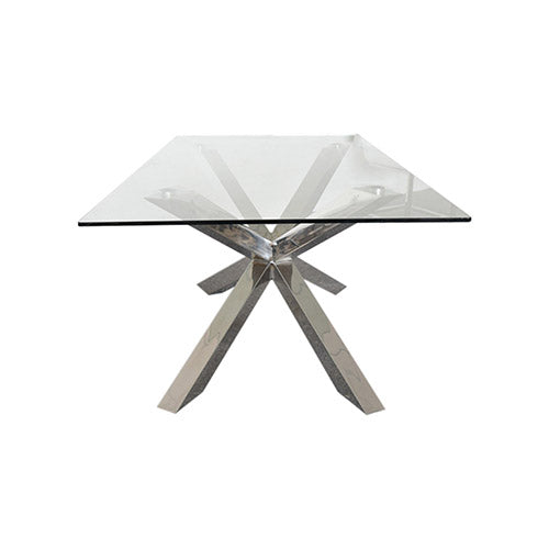 Dining Table in Crisscross Shaped High Glossy Stainless Steel Base with 12mm Tempered Glass Top