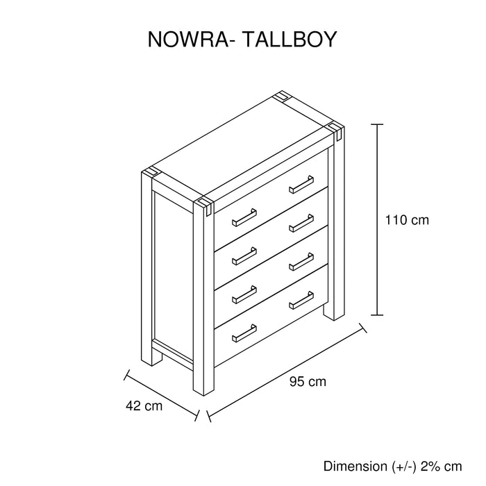 Tallboy with 4 Storage Drawers Solid Wooden Assembled in Chocolate Colour