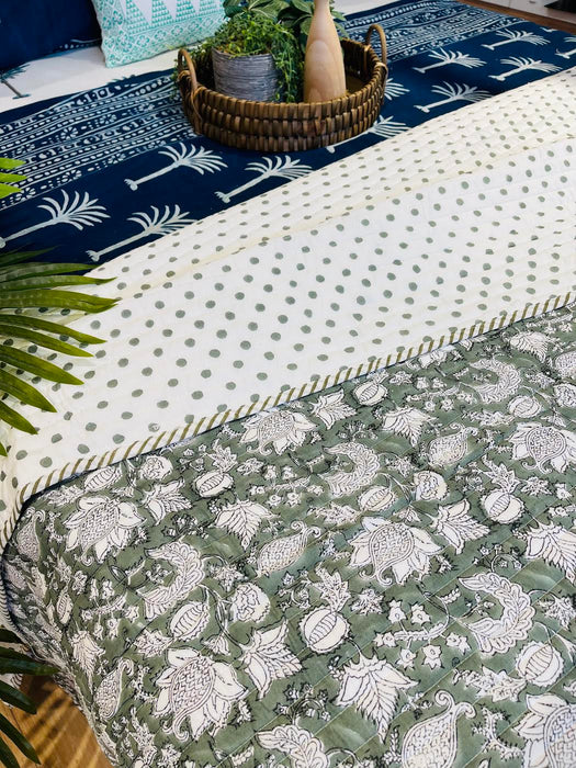 Cotton Bedcover/Bedspread/Quilt - Sage Floral Hand block printed Bedcover