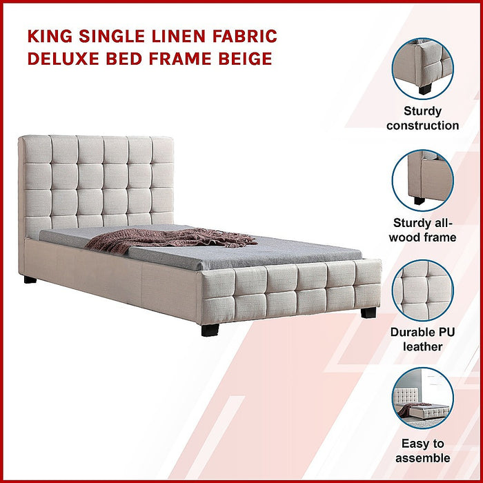 King Single Linen Fabric Deluxe Bed Frame Beige