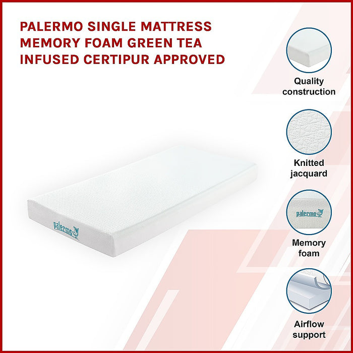 Palermo Single Mattress Memory Foam Green Tea Infused CertiPUR Approved