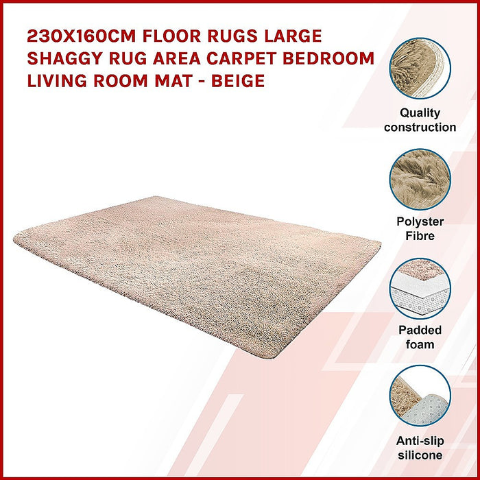 230x160cm Floor Rugs Large Shaggy Rug Area Carpet Bedroom Living Room Mat - Beige