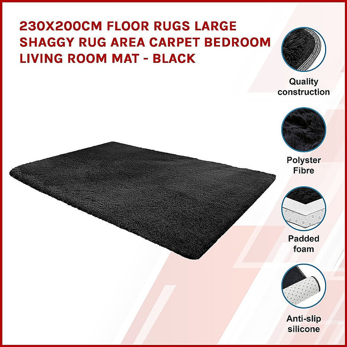 230x200cm Floor Rugs Large Shaggy Rug Area Carpet Bedroom Living Room Mat - Black