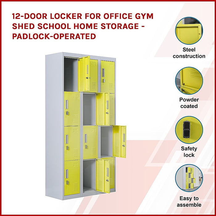 12-Door Locker for Office Gym Shed School Home Storage - Padlock-operated