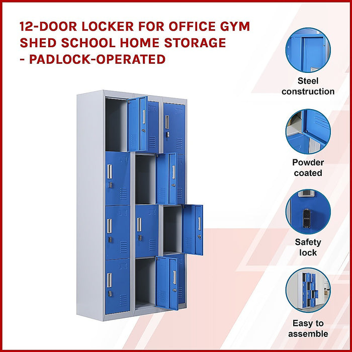 12-Door Locker for Office Gym Shed School Home Storage - Padlock-operated