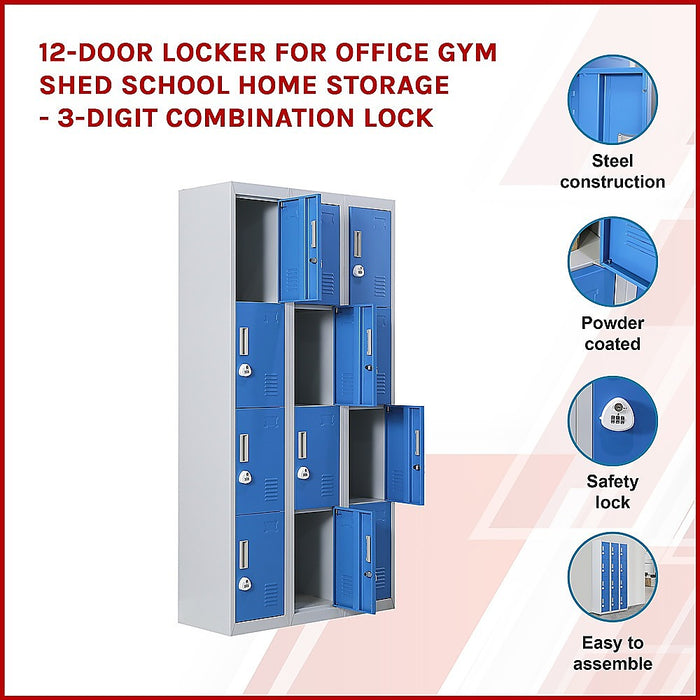 12-Door Locker for Office Gym Shed School Home Storage - 3-Digit Combination Lock