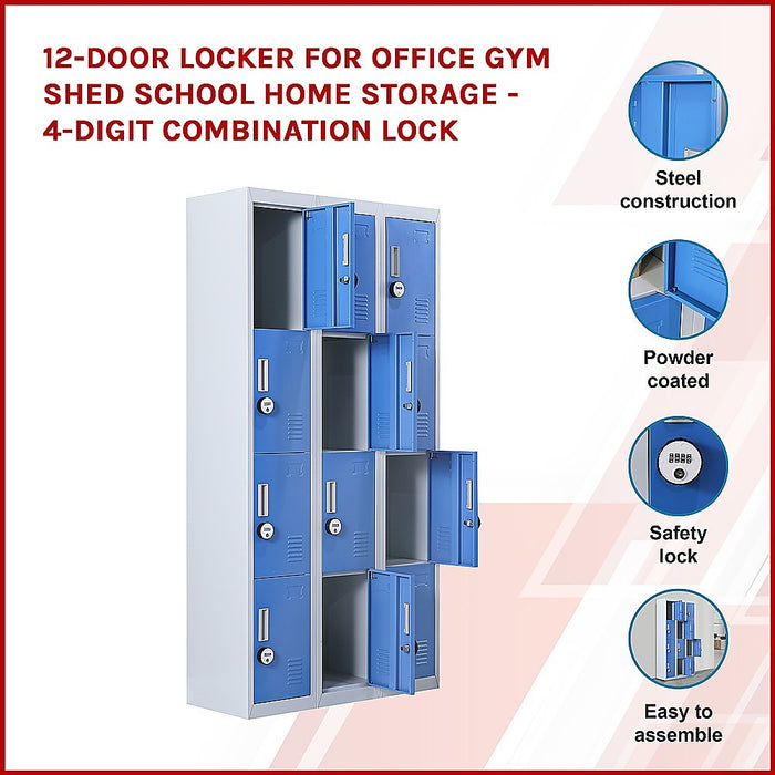 12-Door Locker for Office Gym Shed School Home Storage - 4-Digit Combination Lock