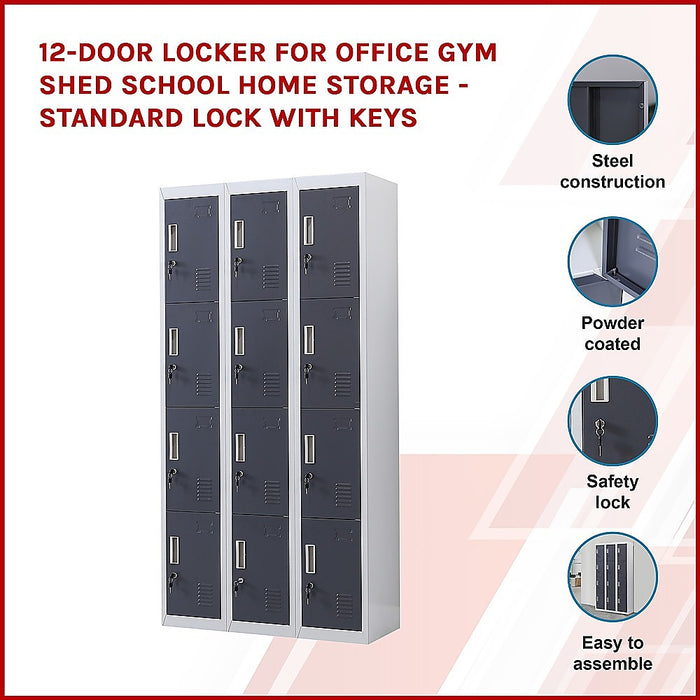 12-Door Locker for Office Gym Shed School Home Storage - Standard Lock with Keys