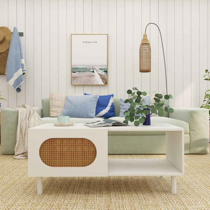 Rattan Coffee Table with Storage in White