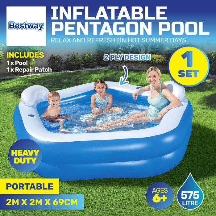 Inflatable Pentagon Shaped Pool Fitted With Headrests & Seats 575L