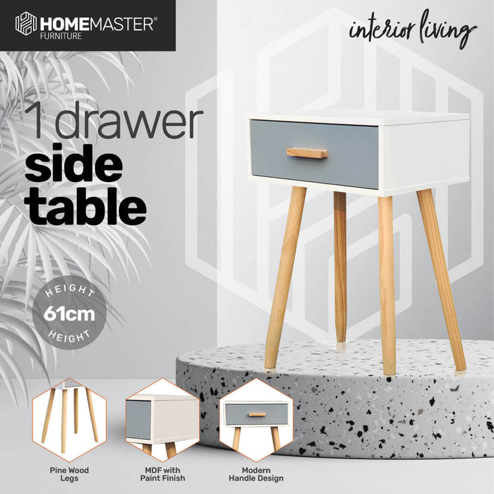 Home Master 1 Drawer Side Table Sleek Modern &amp; Stylish Neutral Design 61cm