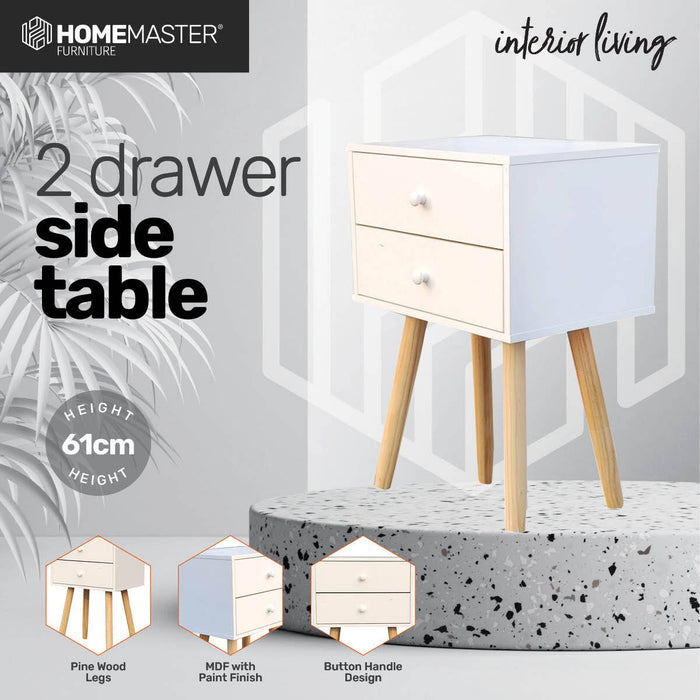 Home Master 2 Drawer Side Table Sleek Modern &amp; Stylish Neutral Design 61cm