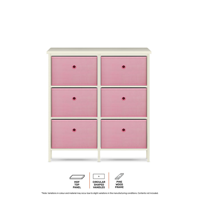 Home Master 6 Drawer Pine Wood Storage Chest Pink Fabric Baskets 70 x 80cm